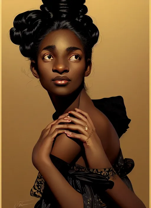 Image similar to a portrait of a young black woman with a crooked nose in victorian clothing, confident pose, intricate, elegant, sharp focus, illustration, highly detailed, concept art, matte, trending on artstation, anime, art by james jean and artgerm and brian despain and alberto mielgo, greg rutkowski, wlop, ilya kuvshinov, strong strokes