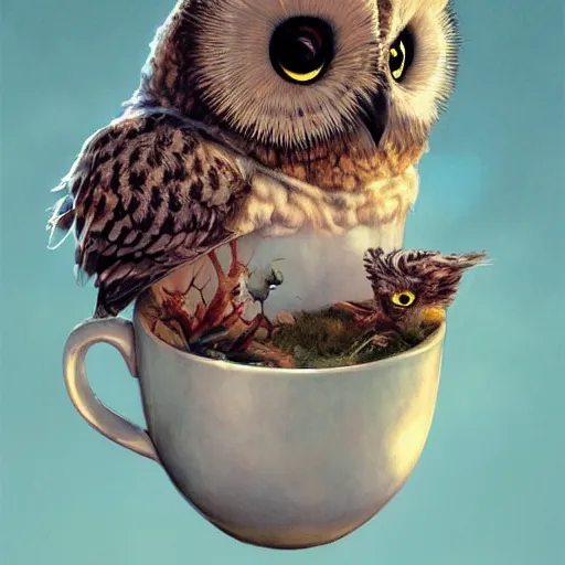 Prompt: long shot of a very cute owl chick sitting in a very beautiful cup, by esao andrews, by james jean, marc simonetti, by victo ngai, humorous illustration, hyperrealistic, big depth of field, fresh colors, dim light, 3 d octane render conceptart, 4 k, hyperdetailed, trending on artstation