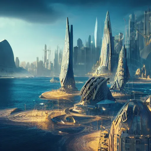 Image similar to a golden fantasy sci - fi luxurious city with cerulean oceansides, scandinavian / norse influenced, cinematic, ray traced, octane render, cinematic lighting, ultrarealistic, featured on artstation, 8 k uhd artwork