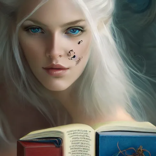 Image similar to a girl reading a book, hair flowing down, 8 k, hyperrealistic, hyperdetailed, white hair, blue eyes, fantasy portrait by laura sava