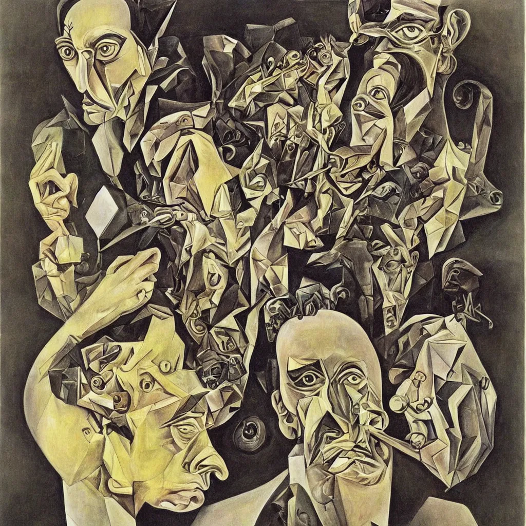 Image similar to a painting of salvador dali, drawed by M. C. Escher colored by Hayao Miyazaki