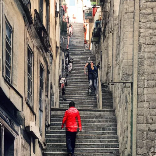 Image similar to Michael mcintyre & a blonde woman climbing steps in Porto, greg rutkowski