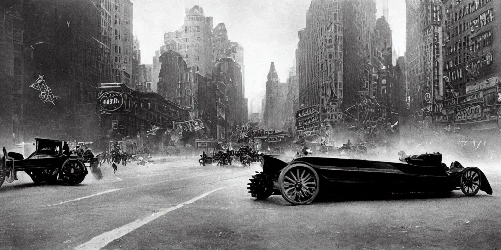Image similar to old black and white photo, 1 9 1 3, depicting batmobile from dark knight rampaging through the bustling streets of new york city, rule of thirds, historical record