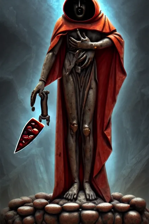 Image similar to an ancient statue of a hooded cultist is holding a bloody knife in one hand and a tomato on the other, standing in a forgotten temple to an eldritch god, by patrick mcenvoy and michael komarck and fantasy flight, incredible quality, trending on artstation