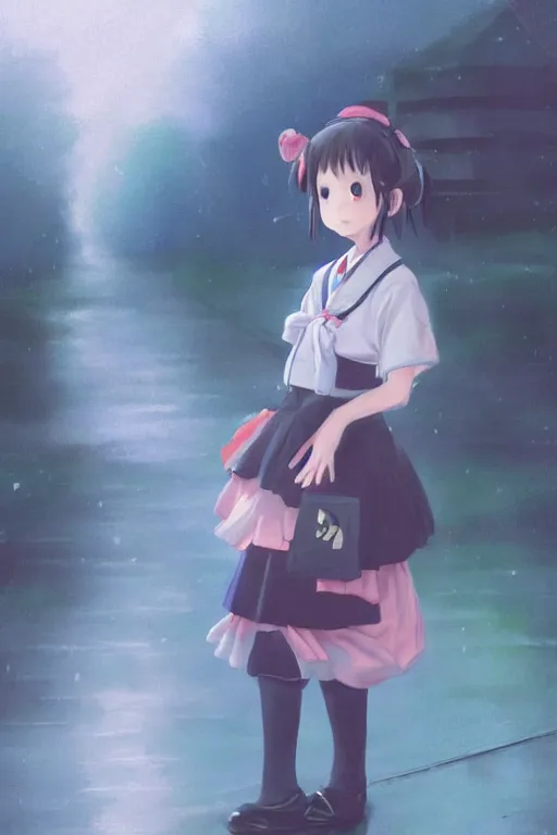 Image similar to art by D. Jun portrait a stern schoolgirl in Japanese maid's clothes and long stockings sits on a wet Japanese street in the at night, trending on artstation, anime vintage colors, polaroid, foggy, volumetric light, cinematic render, oil painting