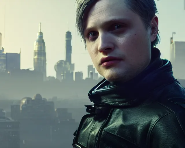 Image similar to highly detailed portrait of michael pitt as an evil android, in detroit : become human, stephen bliss, unreal engine, fantasy art by greg rutkowski, loish, rhads, ferdinand knab, makoto shinkai and lois van baarle, ilya kuvshinov, rossdraws, tom bagshaw, global illumination, radiant light, detailed and intricate environment