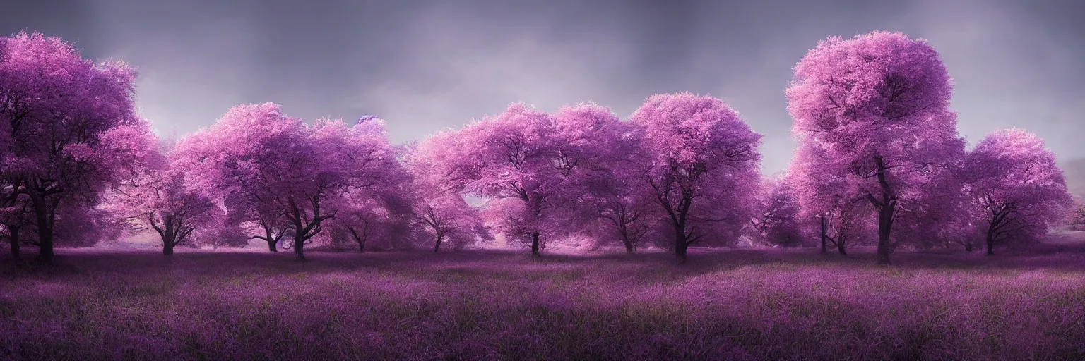 Image similar to michal karcz photo of a beautiful landscape. , purple trees, detailed, elegant, intricate, 4k,