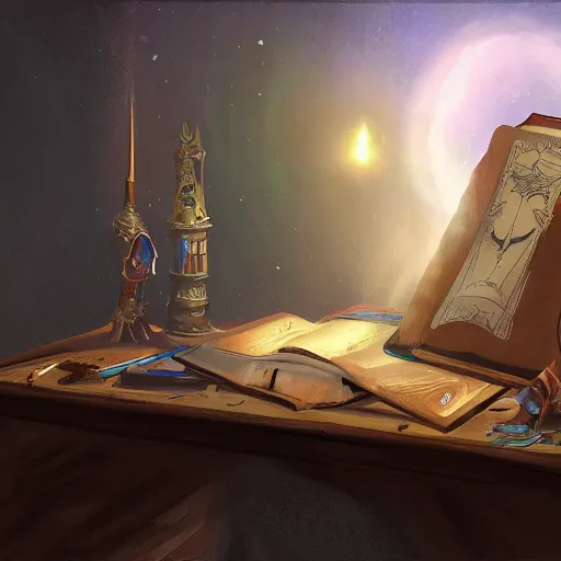 Image similar to concept art of a magic story book on a vintage desk. the space around it is dark. artstation, digital art, cutscene graphic, oil painting, fantasy