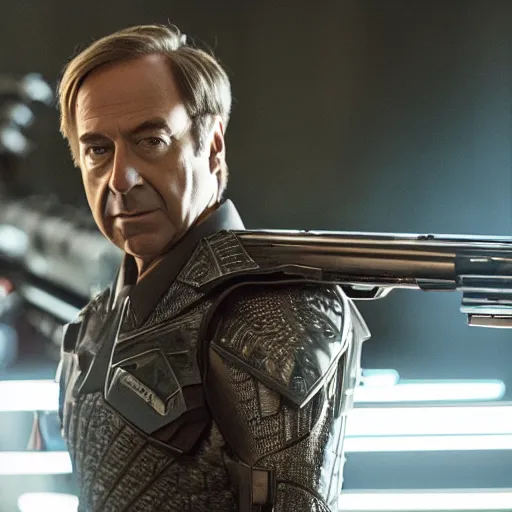 Prompt: Movie still of Saul Goodman wearing futuristic futuristic futuristic armour while holding a shotgun, highly detailed, 4k