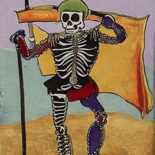 Image similar to skeleton in a colourful landsknechts uniform, wielding a sword, rennaissance painting