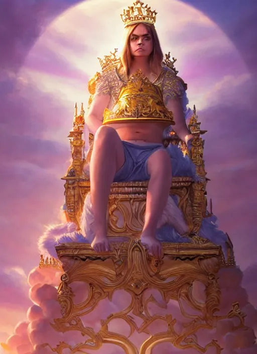 Image similar to cute chubby cara delevingne as a heavenly queen sitting on a golden throne, anatomy, bathed in light, highly detailed, photorealistic, artstation, smooth, sharp focus, illustration, unreal engine 5, 8 k, art by artgerm and greg rutkowski and edgar maxence