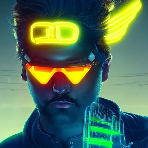 Image similar to a beautiful commission portrait of a male mustache canary wearing a neon jacket, futuristic, detailed face, cyberpunk city, deviantart, artstation, art by greg rutkowski, ross tran, professional lighting, neon city, night, raytracing, highly realistic,4k,dramatic,hyperrealism