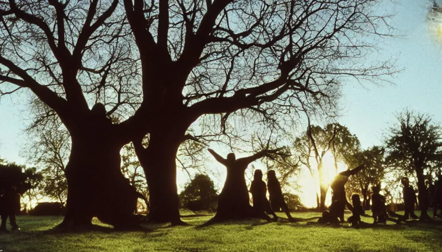 Prompt: 1990s candid photo of a beautiful day at the park, cinematic lighting, cinematic look, golden hour, large personified costumed tree people in the background, Enormous tree people mascots with friendly faces, kids talking to tree people, UHD