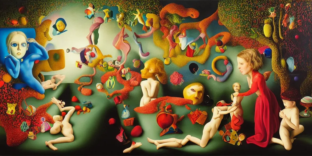 Image similar to the three imaginary fates pleasure dream adventure love abstract oil painting by gottfried helnwein pablo amaringo raqib shaw