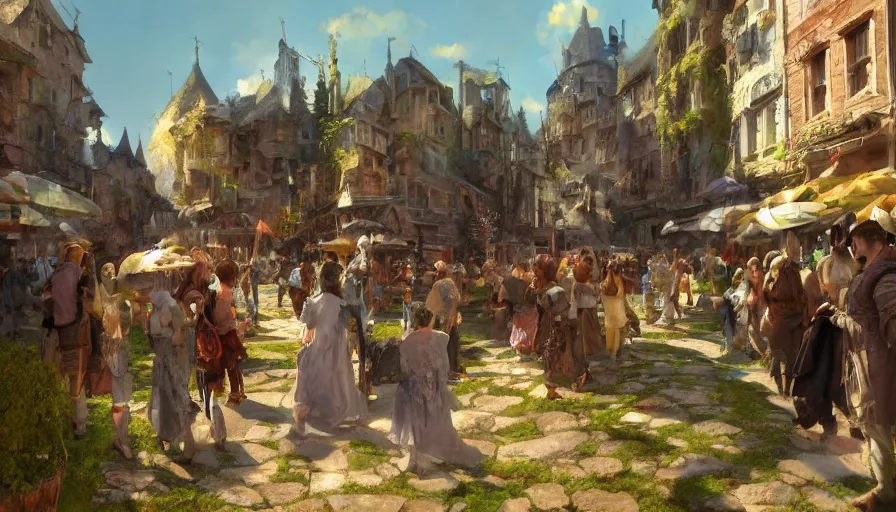 Prompt: craig mullins and ghibli digital illustration of a festival in the medieval city of the fae, faeries, fanciful, colorful, unreal engine, hyper realism, realistic shading, cinematic composition, realistic render, octane render, detailed textures, photorealistic, wide shot,