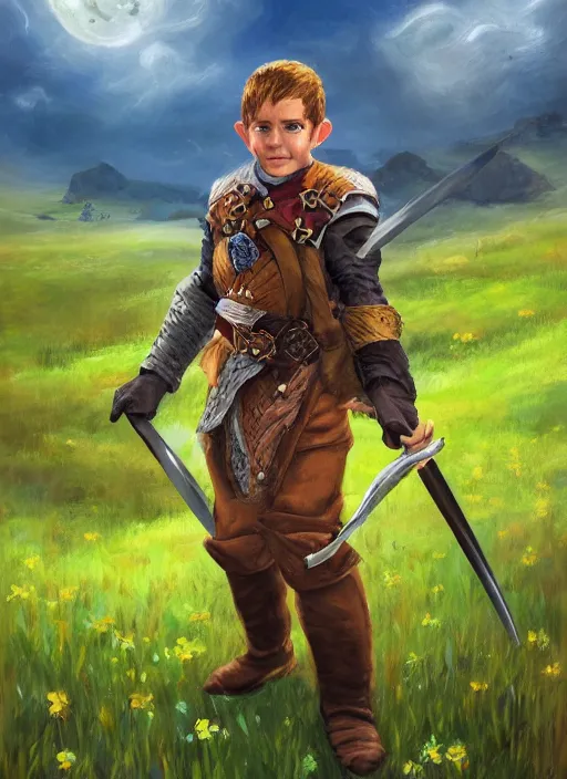 Image similar to A fantasy comic book roleplaying game style portrait painting of a halfling fighter on a beautiful meadow, DAZ, hyperrealistic, ambient light, dynamic light