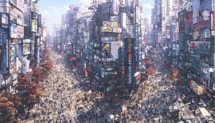 Prompt: shibuya tokyo on a beautiful day, trending on pixiv fanbox, painted by greg rutkowski makoto shinkai takashi takeuchi studio ghibli