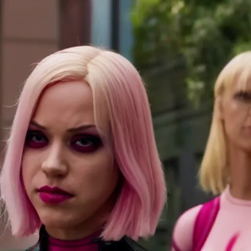 Image similar to A still of Gwenpool in Deadpool 3 (2023), blonde hair with pink highlights, no mask, looking directly at the camera