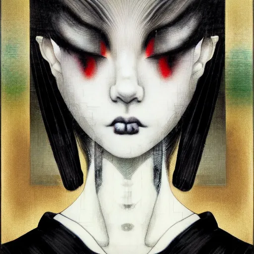 Image similar to yoshitaka amano blurred and dreamy realistic three quarter angle portrait of a young woman with black lipstick and black eyes wearing dress suit with tie, junji ito abstract patterns in the background, satoshi kon anime, noisy film grain effect, highly detailed, renaissance oil painting, weird portrait angle, blurred lost edges