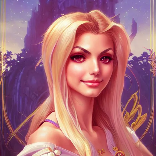 Prompt: Victoria Justice with blonde hair as Sailor Moon, western, D&D, fantasy, intricate, elegant, highly detailed, digital painting, artstation, concept art, matte, sharp focus, illustration, art by Artgerm and Greg Rutkowski and Alphonse Mucha