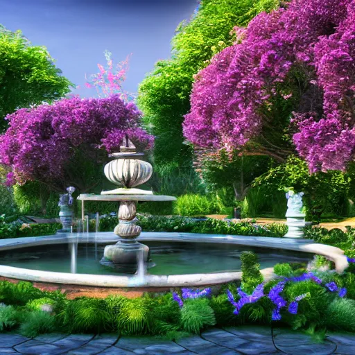 Image similar to A beautiful and serene garden, with a bubbling fountain in the center, and a variety of flowers and plants all around, rendered in unreal engine, 4k resolution, Bloom effect, photorealistic, professional grade, professional photo.