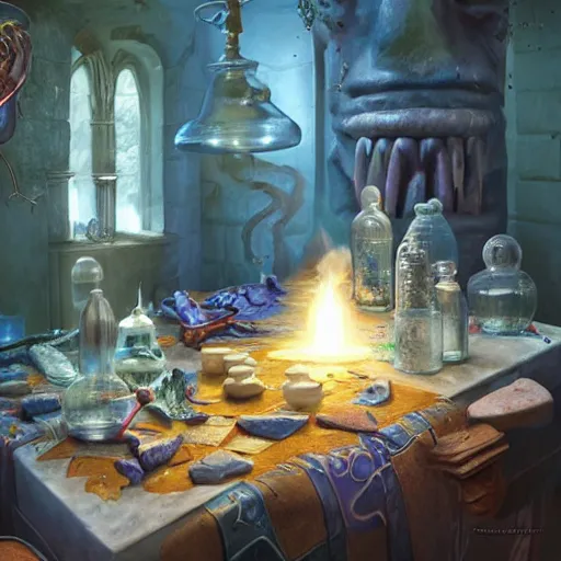 Image similar to hyper real, table, wizards laboratory, tony sart, mortar, pestle, scales with magic powder, energy flowing, magic book, beakers of colored liquid