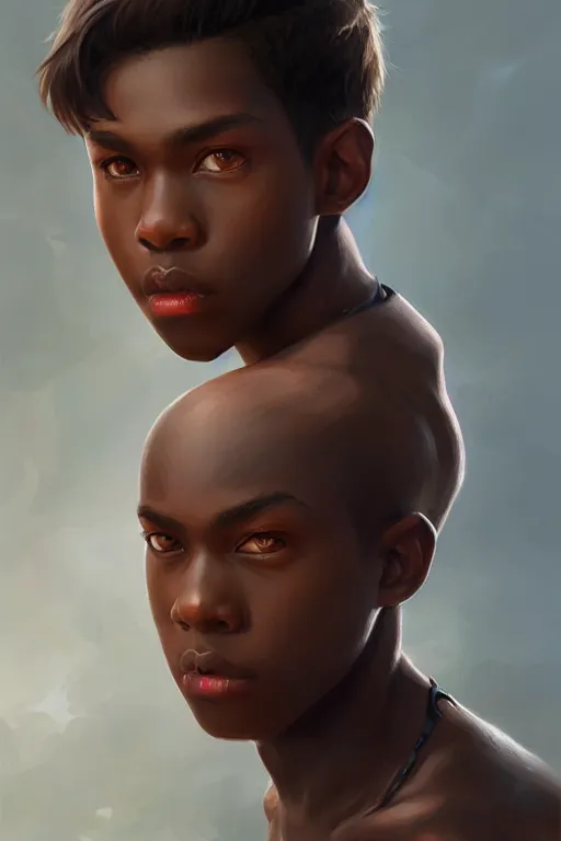 Image similar to young teenager boy with straight short brown hair, dark skin, big lips. highly detailed, d & d, fantasy, highly detailed, digital painting, trending on artstation, concept art, sharp focus, illustration, art by artgerm and greg rutkowski and fuji choko and viktoria gavrilenko and hoang lap