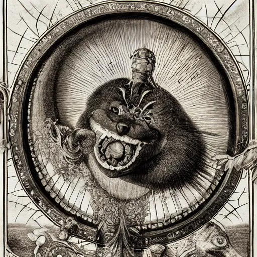 Image similar to furry freaky creature sings a unique canto about'as above so below'being ignited by the spirit of haeckel and robert fludd, breakthrough is iminent, glory be to the magic within