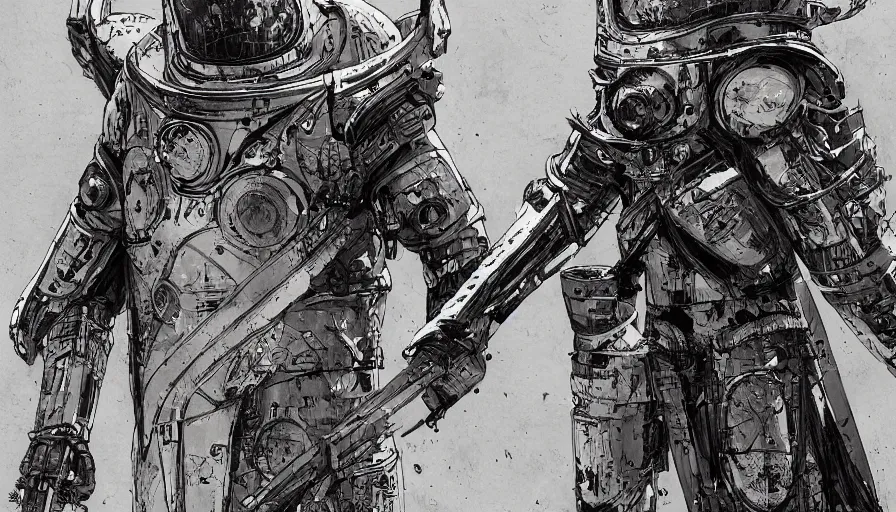 Image similar to Knights Templar wearing space power suit concept art, pen and ink, intricate line drawings, by John Harris, Emil Melmoth, Craig Mullins, yoji shinkawa, artstation, moebius comic, Marc Simonetti, lan McQue, Kentaro, Miura, hyper detailed, cinematic