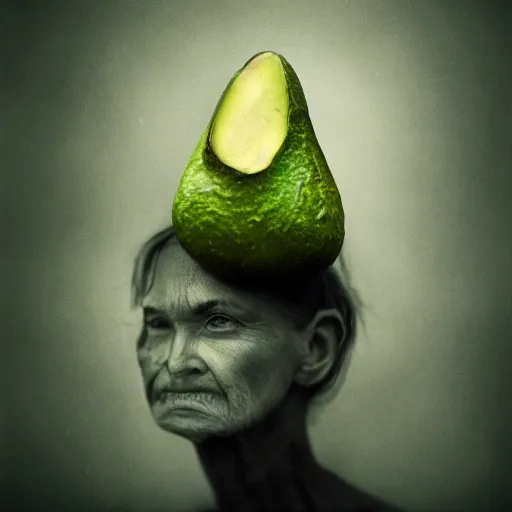 Image similar to Award Winning Highly Detailed Portrait Photo by Lee Jeffries of beautiful woman dressed as an avocado, with hyper-defined features, wide-angle long shot