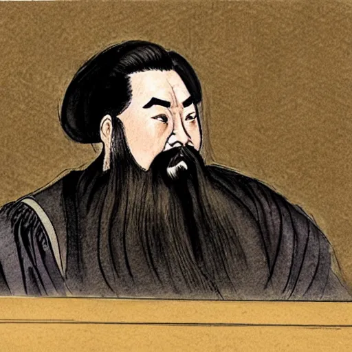 Prompt: Confucius in the american courtroom sketch