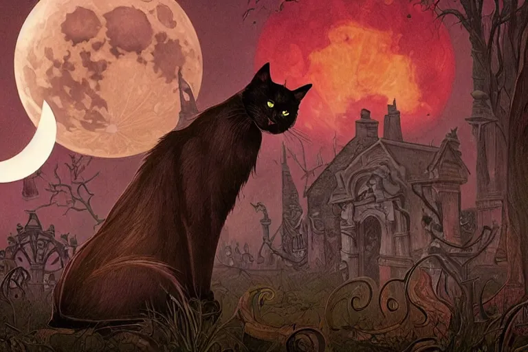 Image similar to an ultra detailed animation of a black cat in a graveyard at midnight on halloween tattoo, digital art, dark fantasy, concept art, soulslike, by alphonse mucha, blood moon eclipse, ruined building in the background, artstation, 8 k, unreal engine render