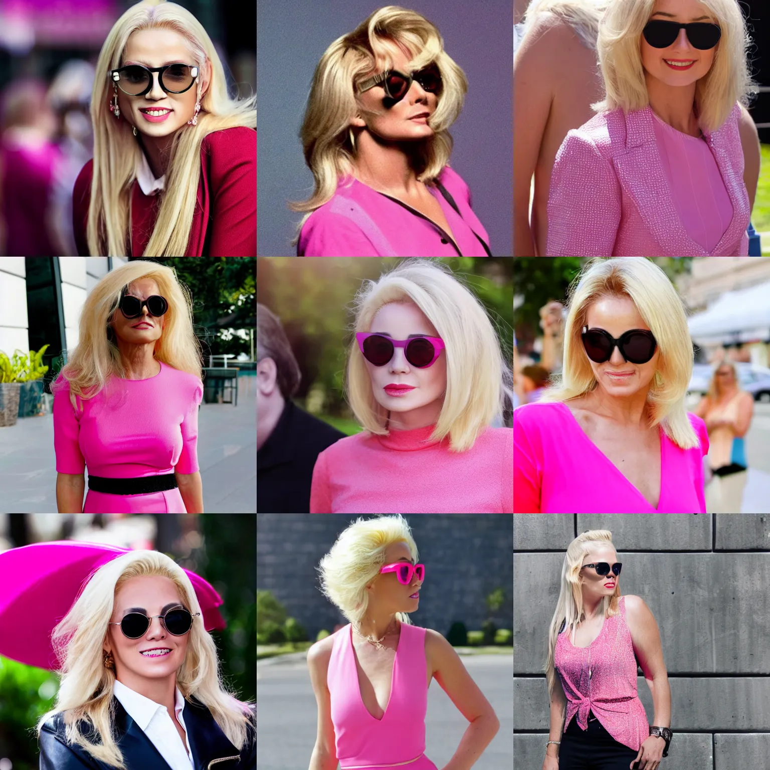 Prompt: a blonde woman with the face of michael jackson, sun glasses, pink dress