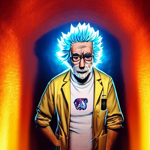 Image similar to portrait art illustration of old rick sanchez, lab coat and tee shirt, lens flare, atmosphere, glow, detailed, intricate, full of colour, cinematic lighting, 4 k, hyperrealistic, focused, extreme details, cinematic, masterpiece