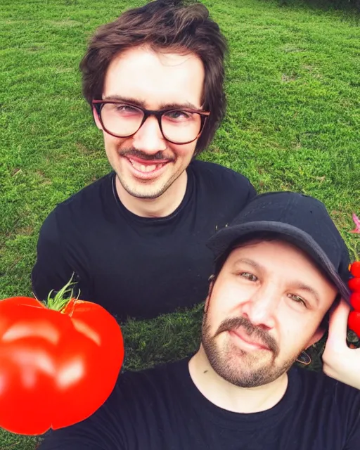 Prompt: creative designer selfie with huge tomato