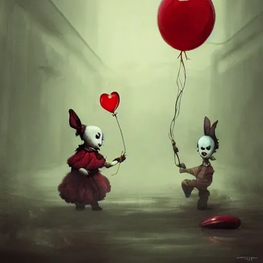 Image similar to grunge cartoon painting of a cartoon bunny and a red balloon by - michal karcz, loony toons style, pennywise style, horror theme, detailed, elegant, intricate