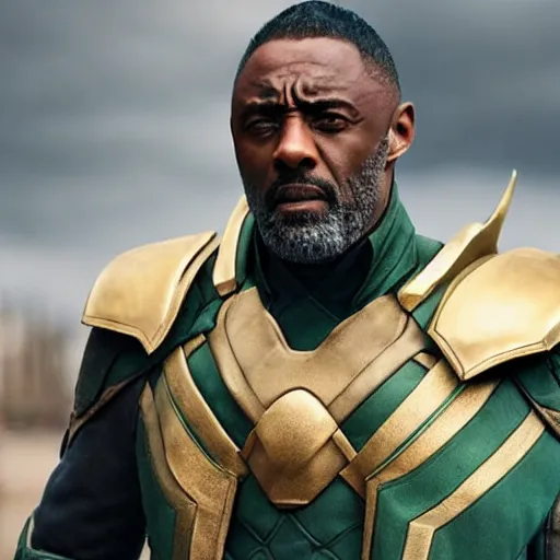 Image similar to film still of Idris Elba as Loki in new Avengers film, photorealistic 8k