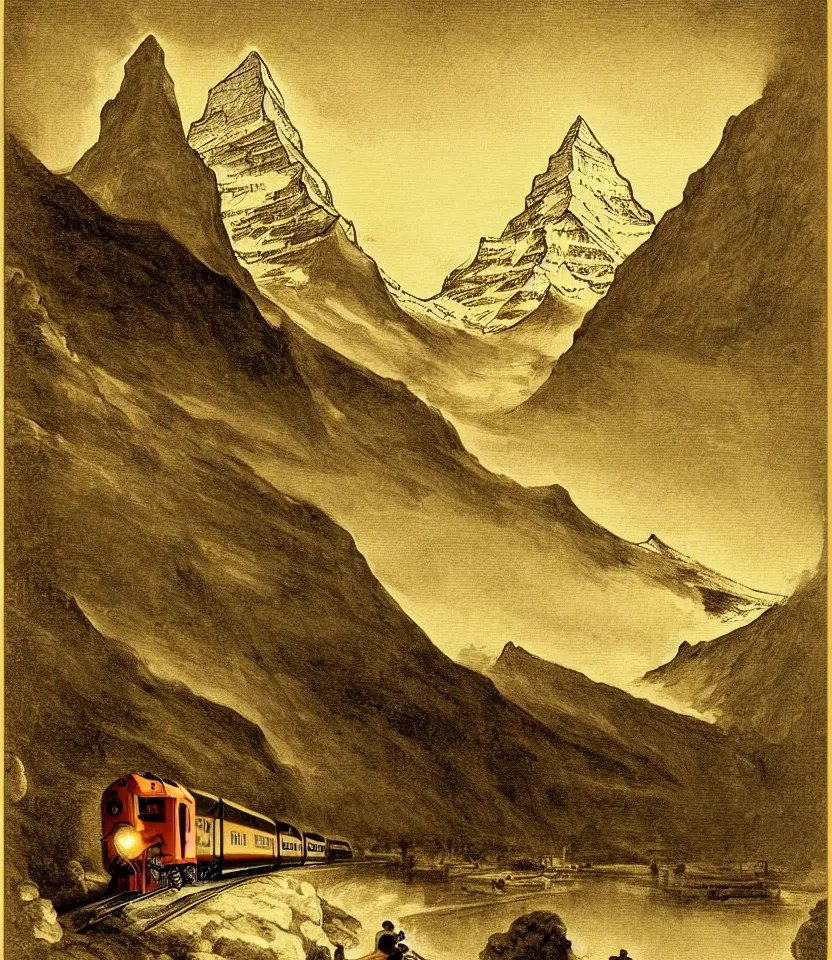 Image similar to an achingly beautiful print of a train in front of the matterhorn by raphael and goya. detailed, golden ratio, romantic, enchanting, trending on artstation