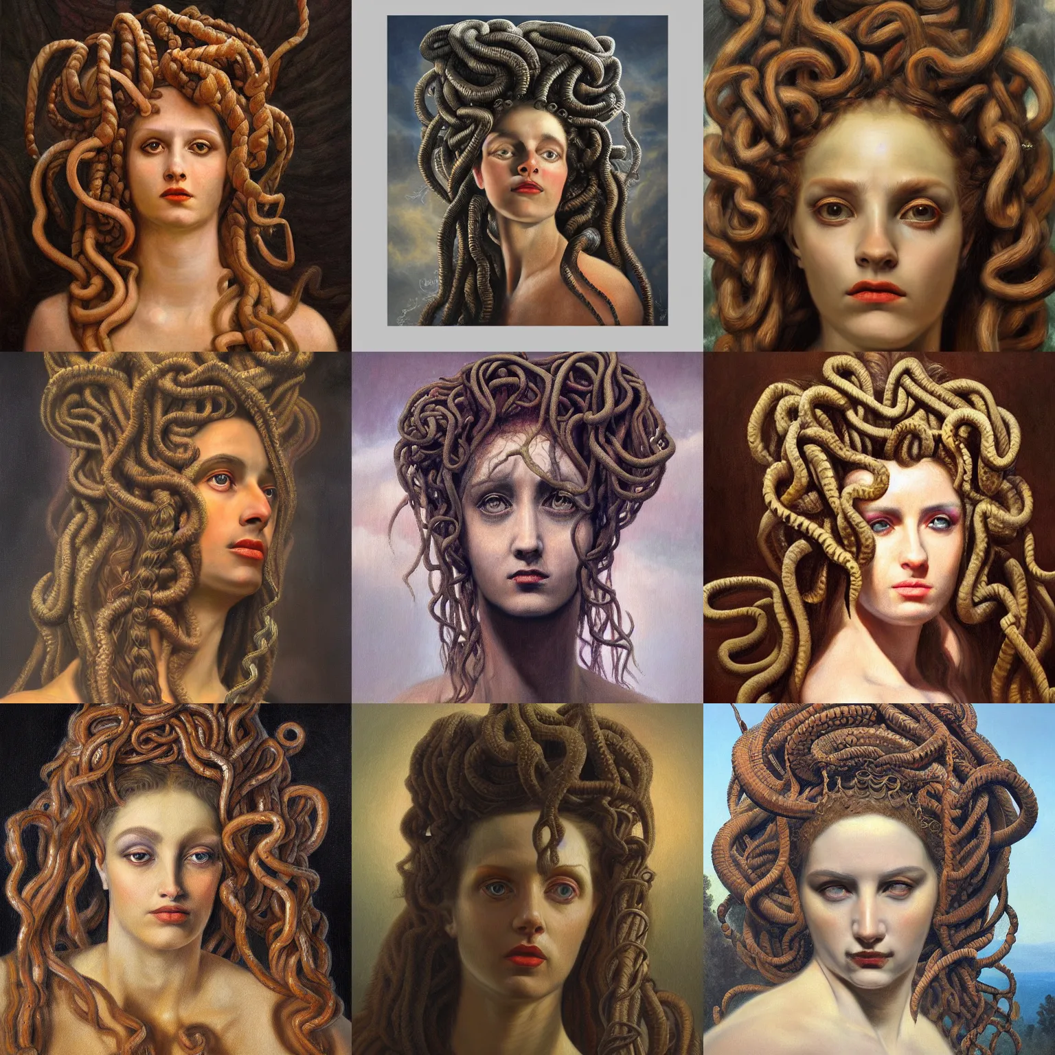 Prompt: Oil painting of medusa gorgo with many faces in her hairs, dramatic lighting, in the style of Ivan Kramskoi, masterpiece, 4k