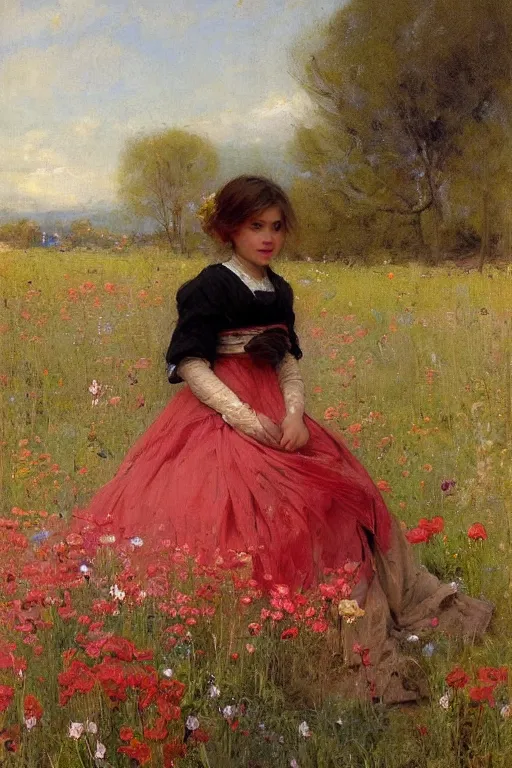 Image similar to Solomon Joseph Solomon and Richard Schmid and Jeremy Lipking victorian genre painting portrait painting of a plain young village girl in an open field of flowers, red background