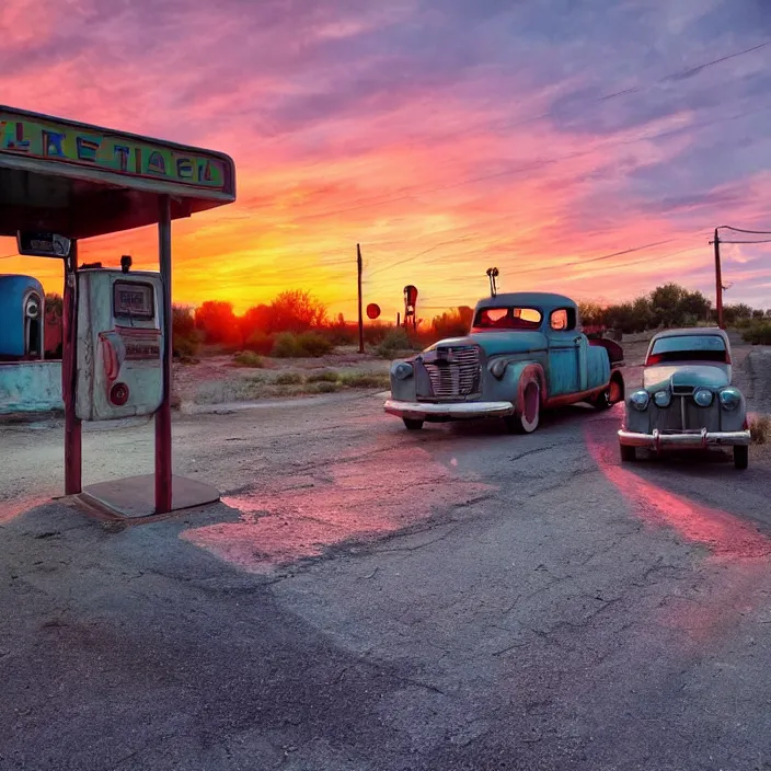 Image similar to a sunset light landscape with historical route 6 6, lots of sparkling details and sun ray ’ s, blinding backlight, smoke, volumetric lighting, colorful, octane, 3 5 mm, abandoned gas station, old rusty pickup - truck, beautiful epic colored reflections, very colorful heavenly, softlight