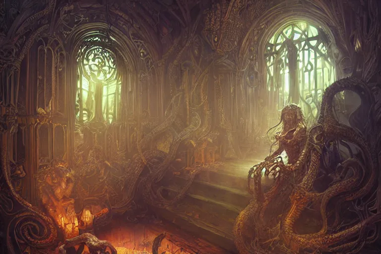 Image similar to a lovecraftian painting of a demonic shrine, occult, sacred ritual, cosmic horror elements, ultra realistic, concept art, intricate details, eerie, highly detailed, photorealistic, octane render, 8 k, unreal engine. art by artgerm and greg rutkowski and alphonse mucha