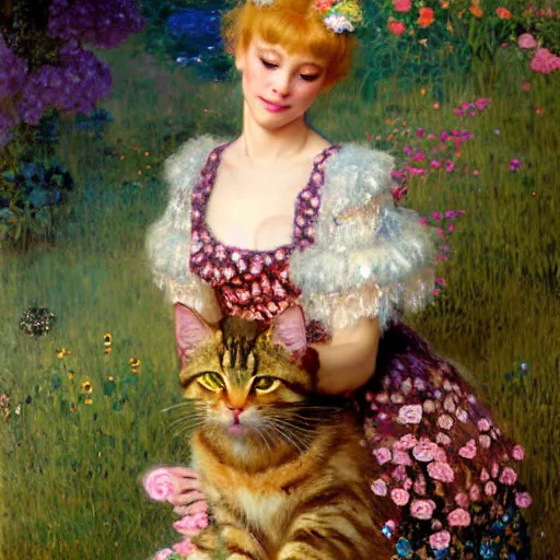 Prompt: portrait of a furry fluffy female tabby cat in a cute floral dress. 1 9 th century furaffiniy fantasy highly detailed painting by gaston bussiere craig mullins jc leyendecker gustav klimt artgerm greg rutkowski john berkey, bergey, craig mullins, ruan jia, raymond swanland, jeremy mann, tom lovell, alex malveda