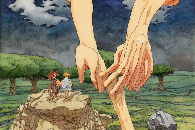 Image similar to hyperrealist studio ghibli watercolor fantasy concept art of a giant hand holding a stone extending from the sky to the ground above stonehenge. by rebecca guay, michael kaluta, charles vess