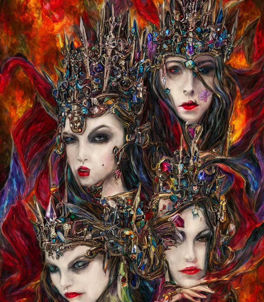 Prompt: empress of the nightmare realm vampire queen jeweled crown, exquisite oil painting, chromatic aberration