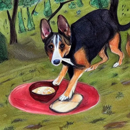 Image similar to un perro en el bosque comiendo en un cuenco, estilo dibujo