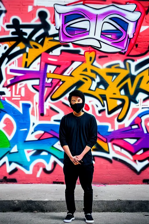 Prompt: asian guy with mask stand in front of wall with full of graffiti tag and mural, photorealistic, smooth, 4 k, aesthetic lighting, baroque object, hyperdetailed, professional photography, pullitzer winning, photo by : canon eos 5 d mark iv, by karah mew and adnan abidi and jodie bateman