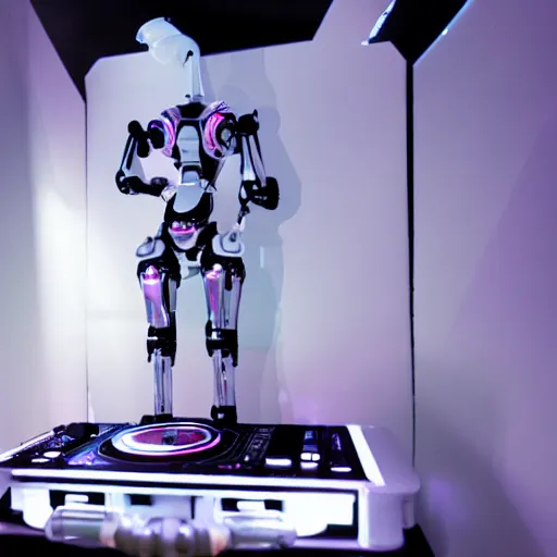 Prompt: futuristic robot dj made of white reflective plastic at a techno music club, very detailed, intricate