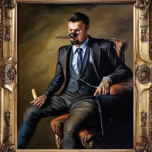 Prompt: portrait of a hyena dressed in suit and tie smoking a cigar, classical painting, in the style of tony sart and lucian freud and anato finnstark and randy vargas and diego gisbert llorens and johan grenier, photorealistic lighting, hd, high quality, high detail