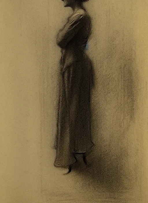 Prompt: study of a standing woman by george howard hilder. 1 9 0 5. charcoal on paper.